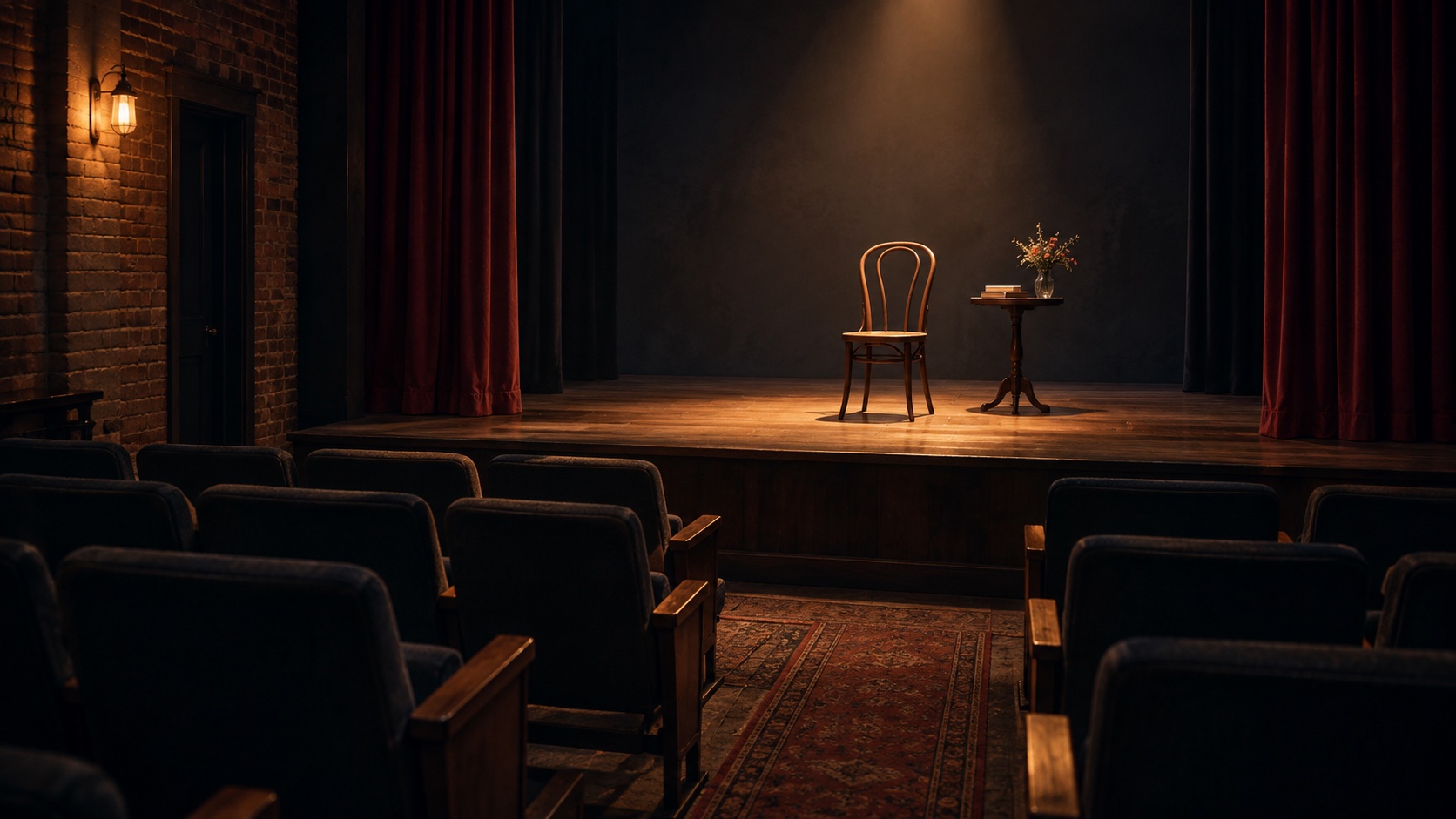 Original illustration of an intimate theater with a bentwood chair under warm stage lighting; not Little Firehouse Theatre