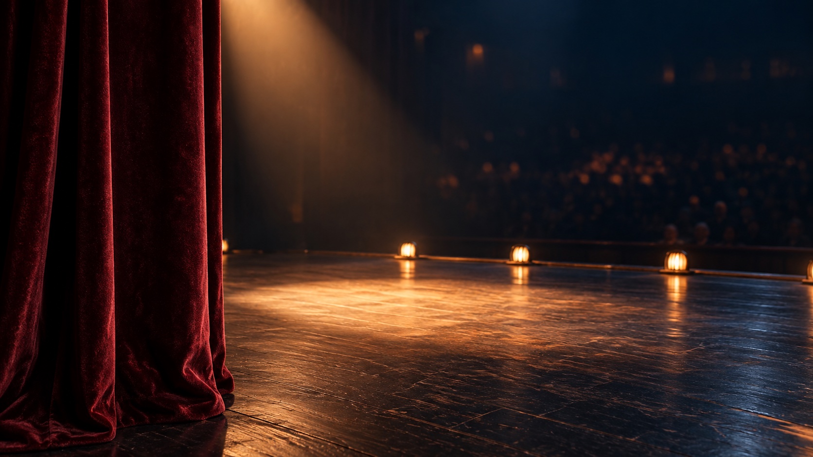 Original illustration of a velvet curtain and amber footlights seen from the theater wings; not Berrie Center